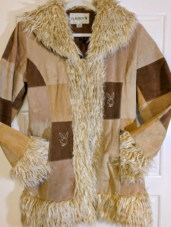 PLAYBOY Jackets & Blazers - Women’s Patchwork Suede Coat with Faux Fur Trim - Taupe & Brown